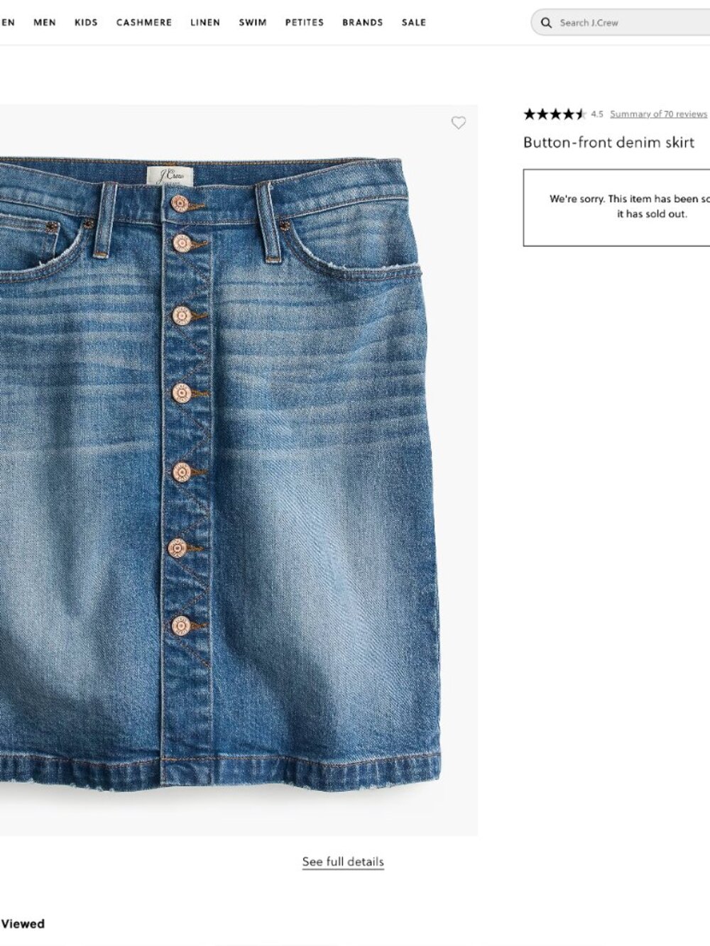 Never Worn J. Crew Women's Size 28 Blue Button Front Denim Skirt
